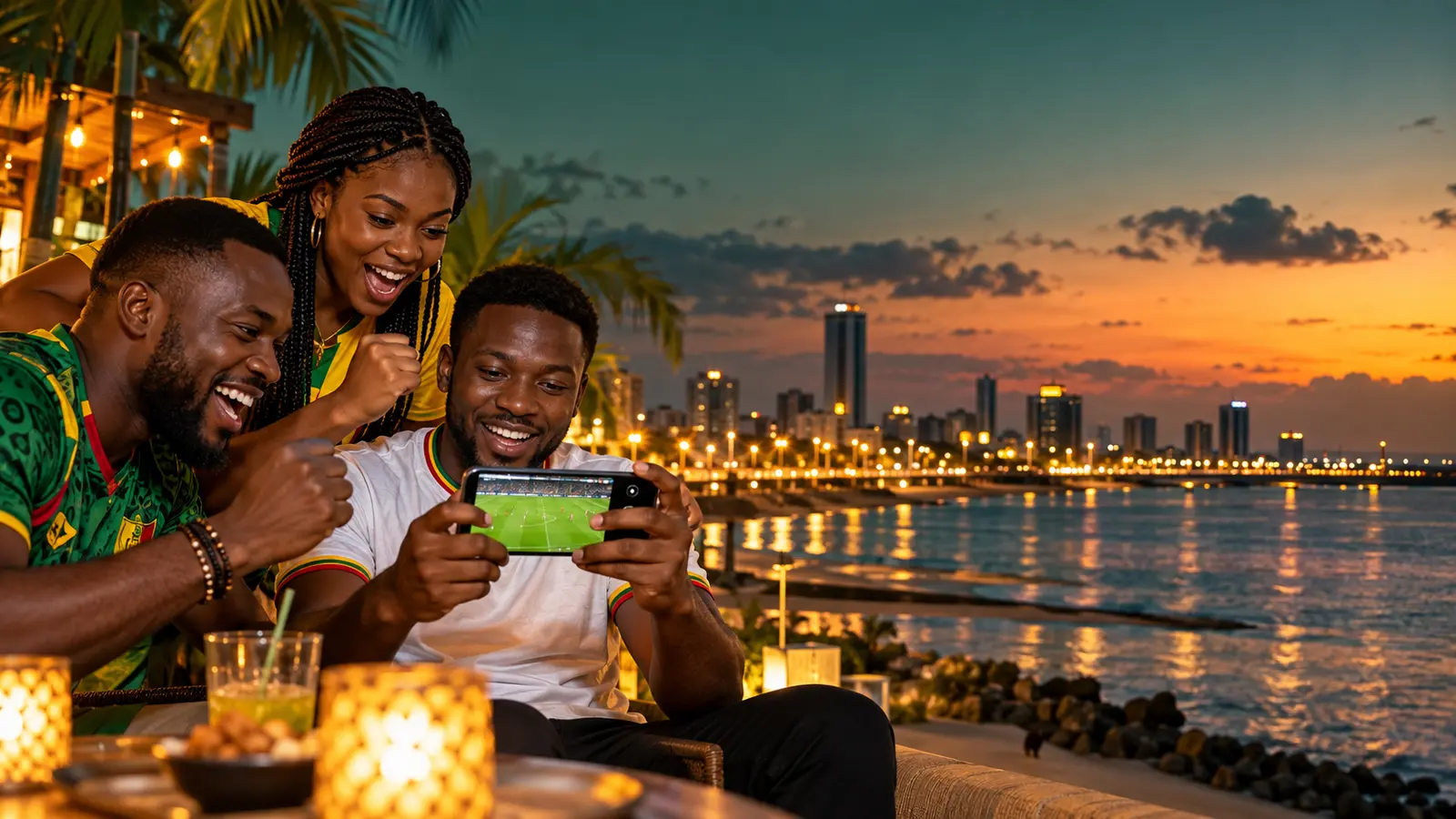 Supporters adultes à Cotonou consultant un match sur téléphone