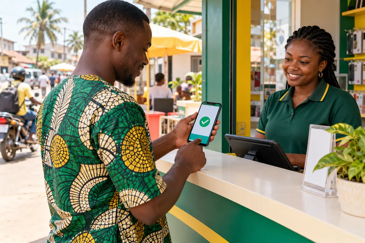 Client adulte confirmant un paiement mobile dans un point de service à Cotonou